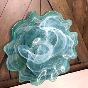 Rare Vintage Murano Style Teal and White  Swirl Art Glass Dish 13"x2" Hand Blown